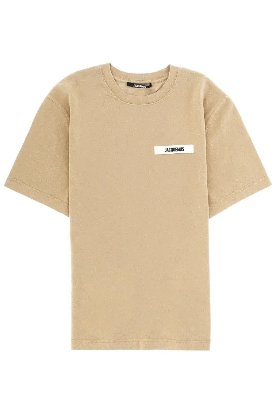 Beige jacquemus men’s short-sleeved grosgrain shirt with minimalist white label on the chest