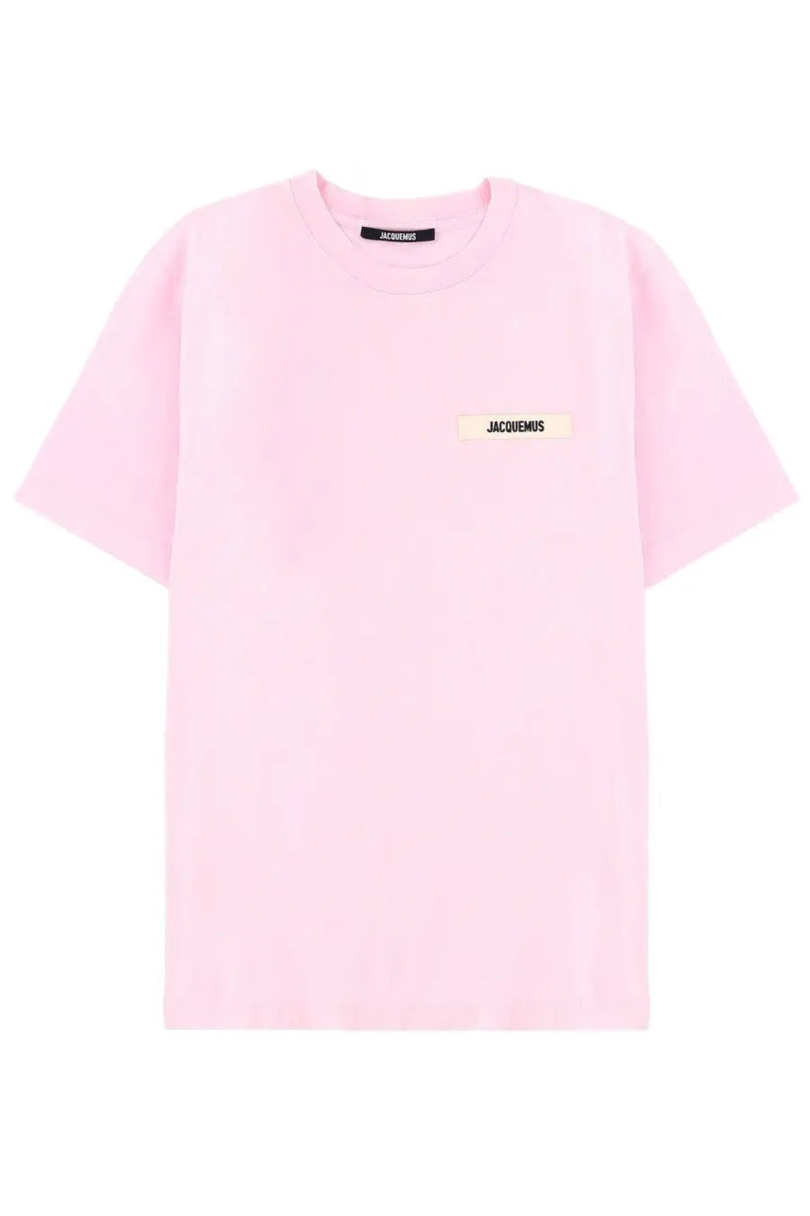 A soft pink minimalist jacquemus t-shirt with subtle brand labels on chest and neckline for casual wear