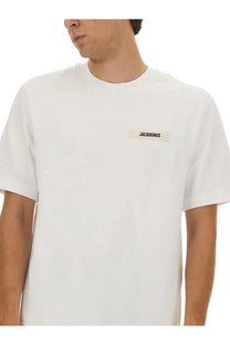 White cotton jacquemus men’s the grosgrain shirt with minimalist label patch on left chest