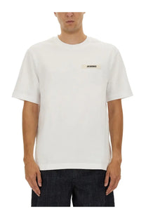 White cotton jacquemus men’s the grosgrain t-shirt with a minimalist rectangular logo patch on the left chest