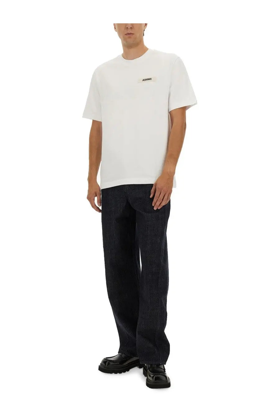 White cotton JACQUEMUS men’s The Grosgrain t-shirt with a small rectangular logo on the left chest