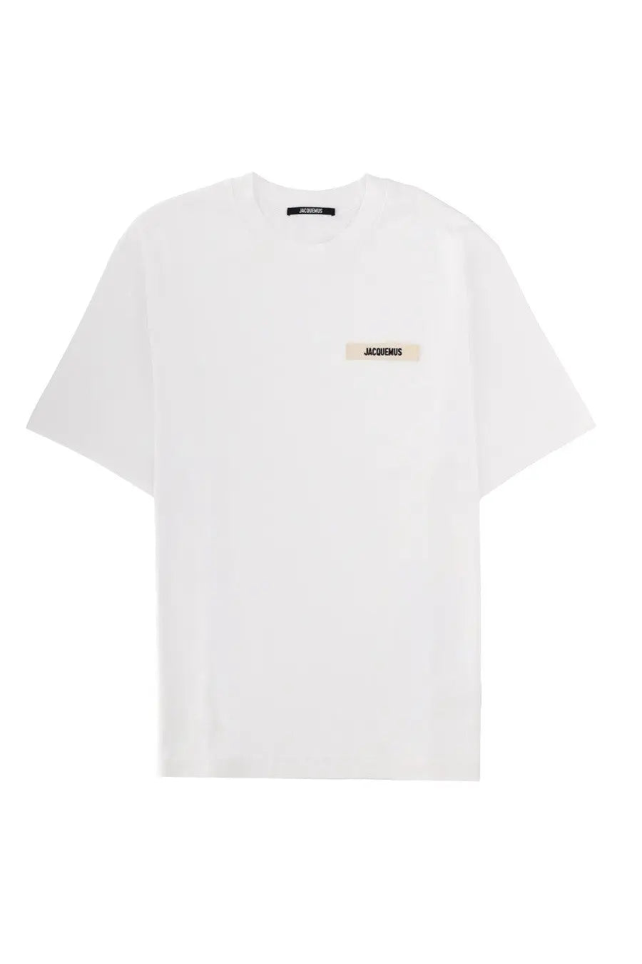 Jacquemus men’s white oversized cotton t-shirt with minimalist design and beige jacquemus label at the chest