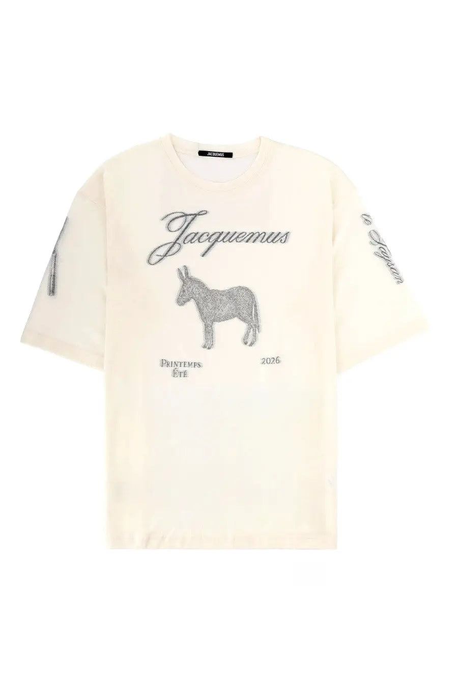 Cream-colored jacquemus men’s le ane mc t-shirt with gray embroidered donkey graphic and printemps été 2026 text