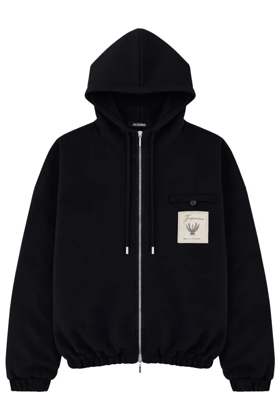 Jacquemus men’s black zip-up hoodie with drawstring hood and embroidered patch on left chest for casual wear