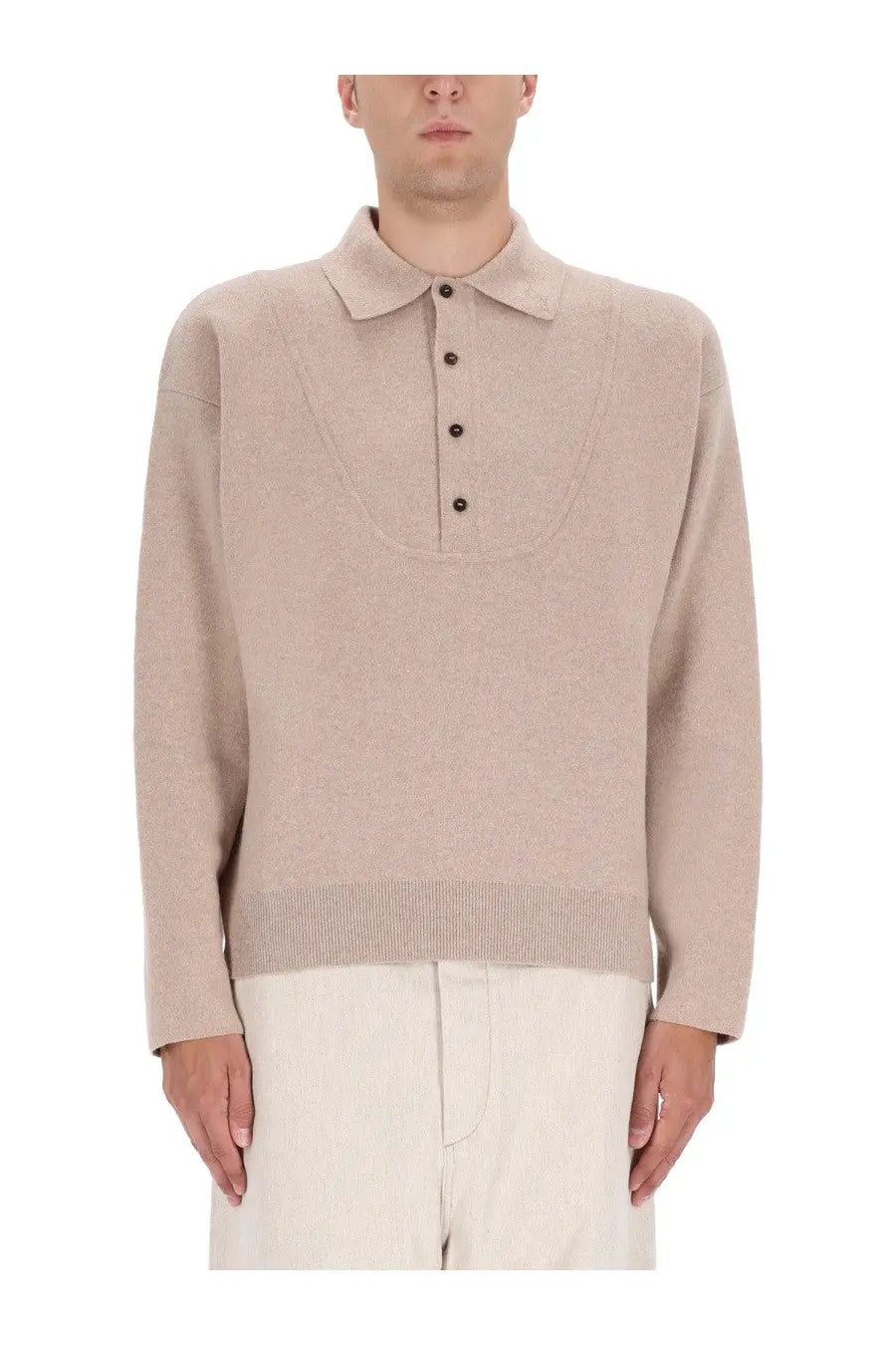 Jacquemus men’s le pallone jersey beige knit polo shirt with ribbed hem and dark brown buttons