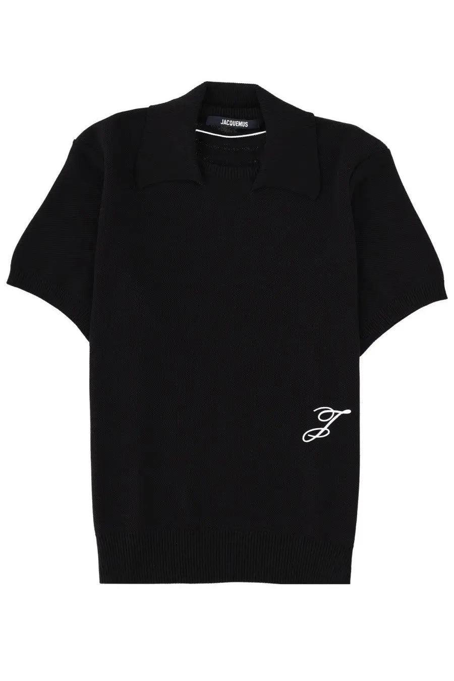 Jacquemus men’s le polo maille black short-sleeved knit polo shirt with white embroidered j logo on left chest and collar branding