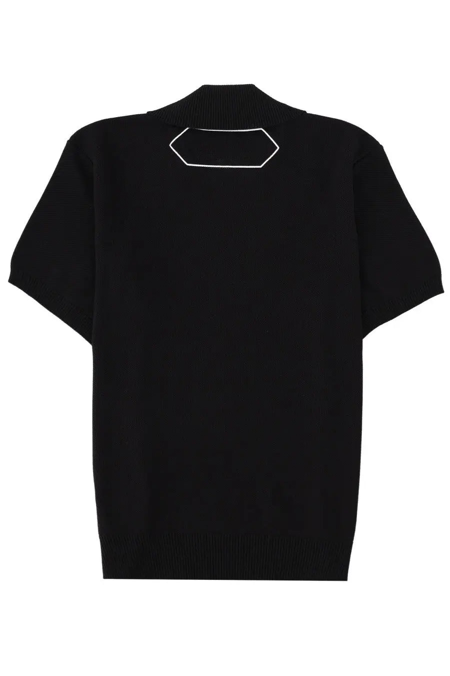 Back view of jacquemus men’s le polo maille black short-sleeved knit sweater with white outlined hexagonal patch