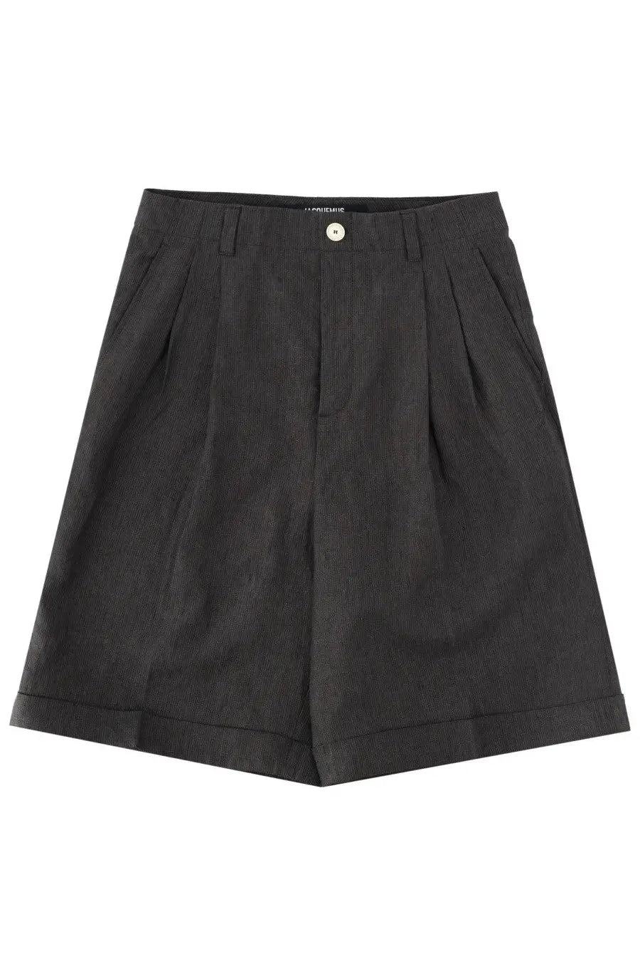 Jacquemus men’s black pleated shorts with subtle striped texture and single white button at waistband