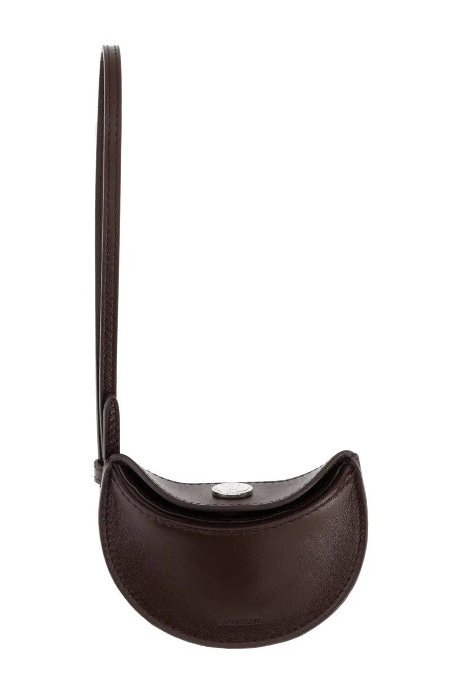Jacquemus men’s wallet calisso brown dark brown leather crescent clutch with silver circular clasp and wrist strap