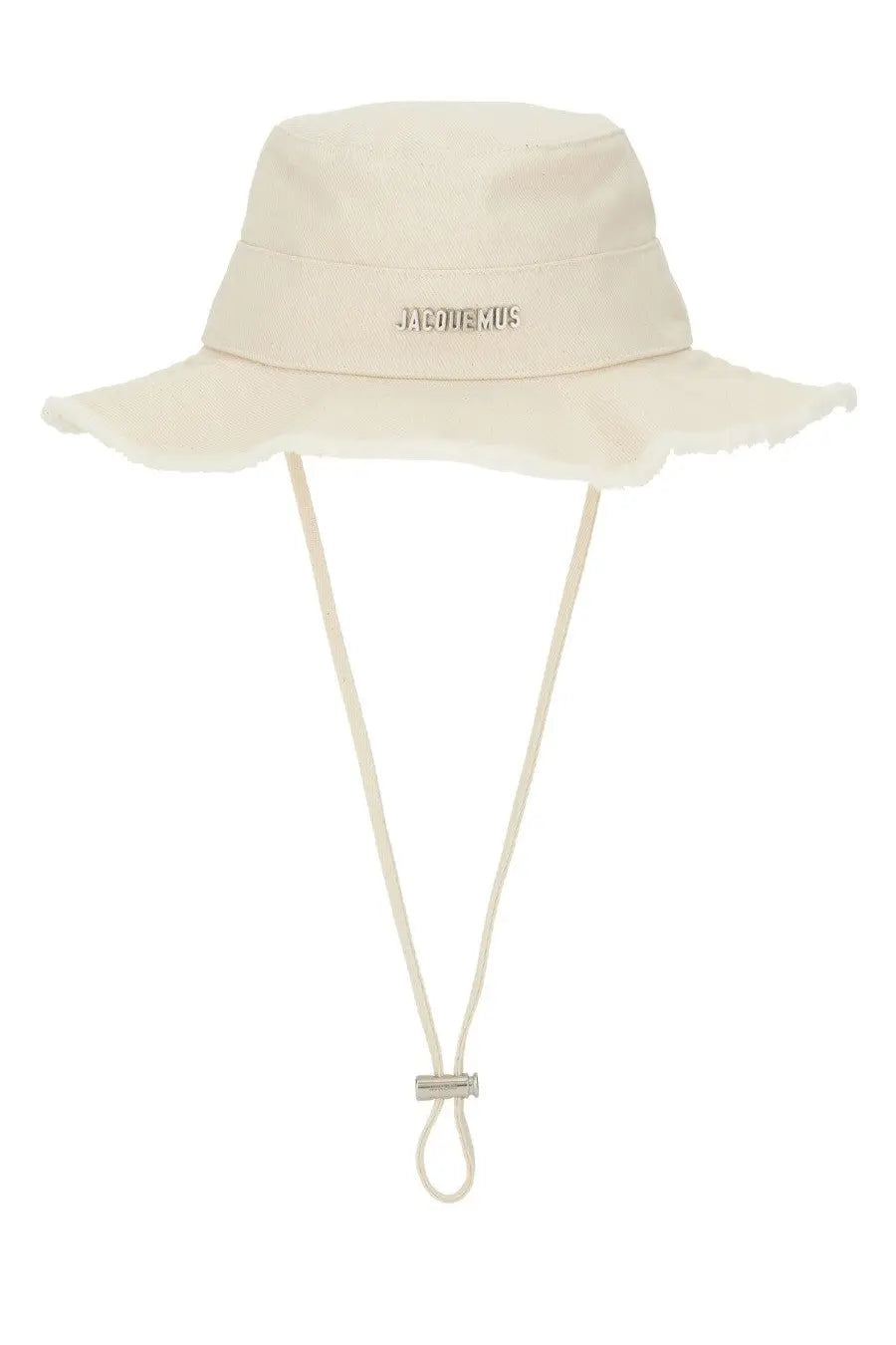 Cream-colored canvas bucket hat with frayed brim and adjustable drawstring from Jacquemus unisex cappello artichaut white collection