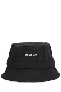 Black canvas bucket hat with white embroidered jacquemus logo from the jacquemus unisex cappello bucket gadjo collection