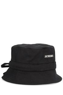 Black canvas bucket hat with white jacquemus embroidery on the front for unisex casual wear