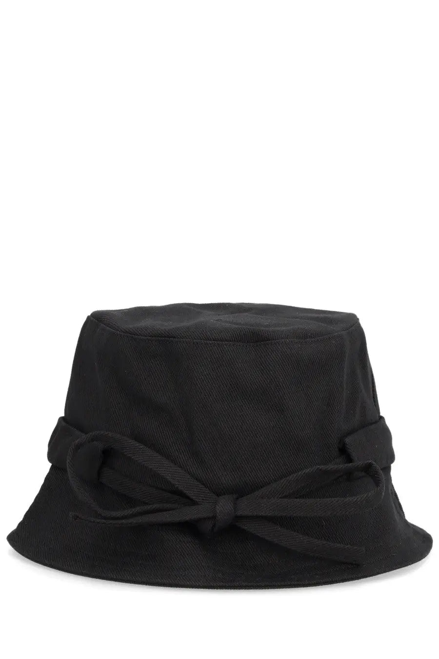 Black bucket hat with a fabric bow tied around the base of the crown.