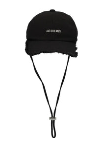 Jacquemus unisex artichaut black baseball cap with frayed brim and adjustable chin strap front view