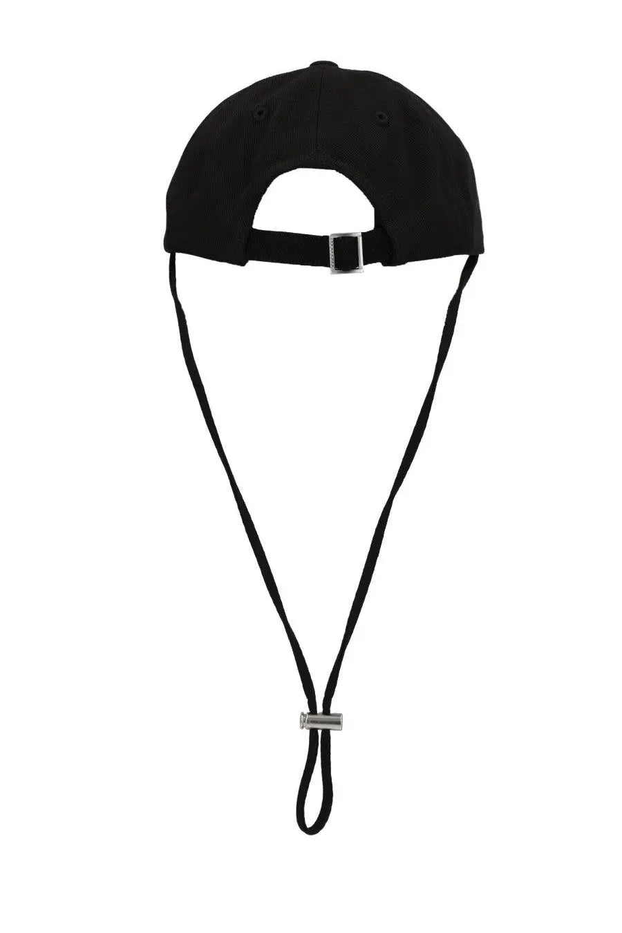 Black jacquemus unisex baseball cap with adjustable strap and silver buckle shown from the back side