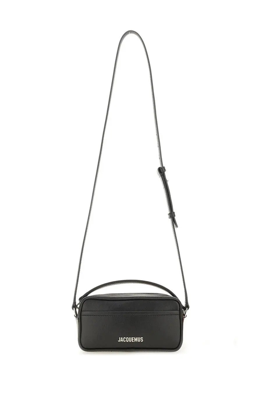 Black leather crossbody bag jacquemus with minimalist design and white embossed logo on front for unisex use