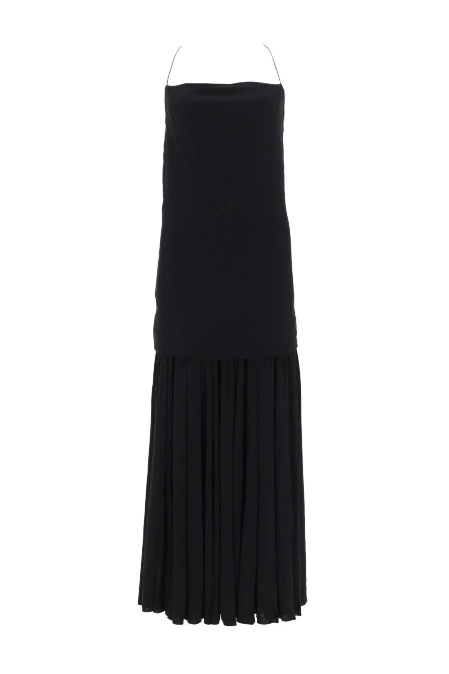 Jacquemus women’s abiha long dress black sleeveless with thin spaghetti straps and pleated maxi skirt