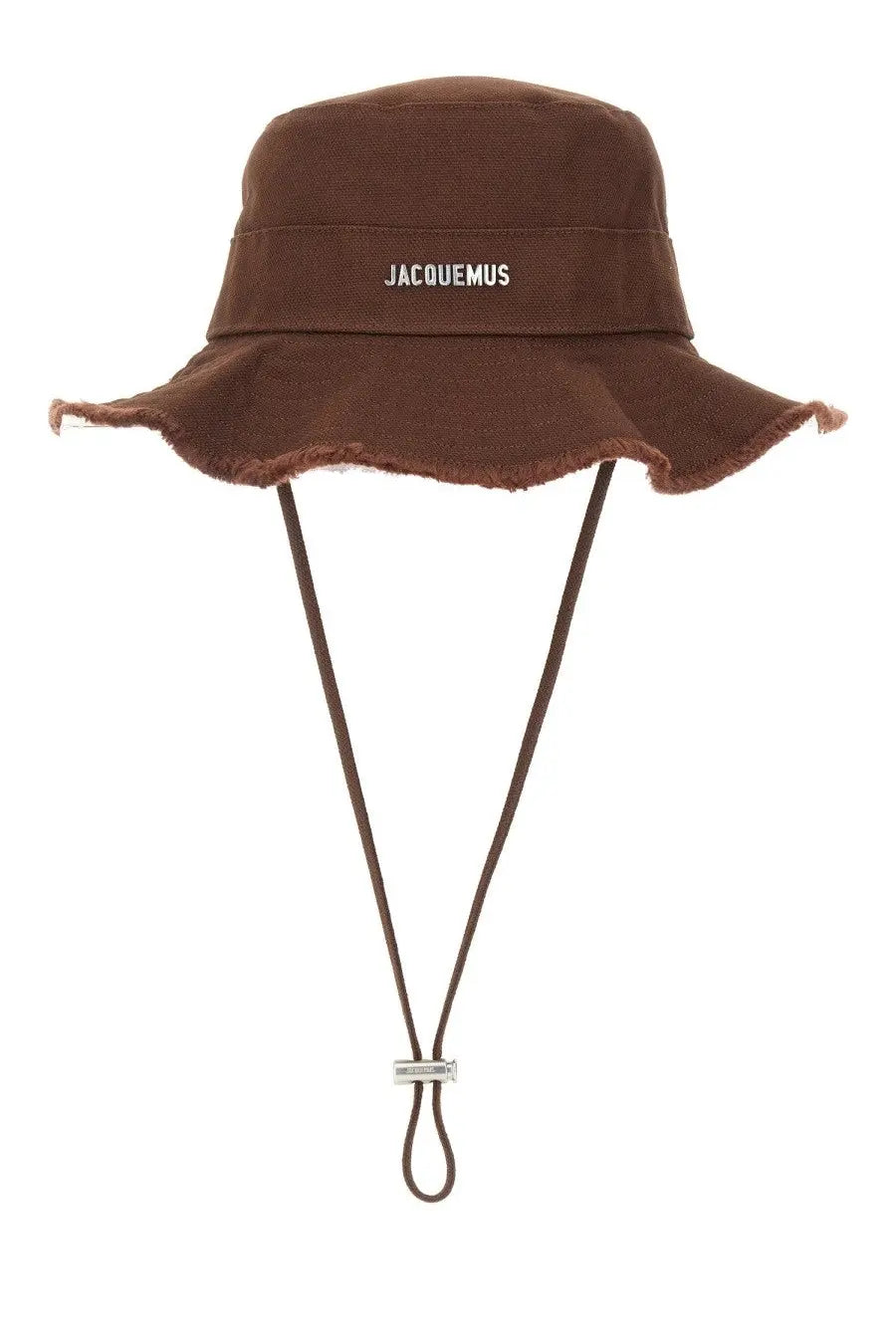 Jacquemus women’s artichaut brown canvas bucket hat with frayed brim and white embroidered logo on the band