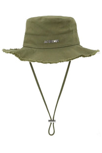 JACQUEMUS women’s artichaut olive green canvas bucket hat with frayed brim and silver logo band