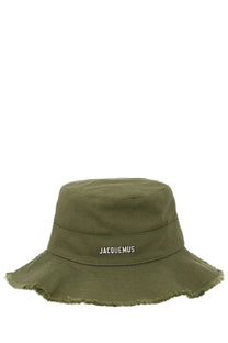 Jacquemus women’s artichaut olive green canvas bucket hat with frayed brim and white embroidered logo band