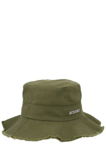 Olive green canvas jacquemus bucket hat with frayed brim and white embroidered brand name on the band