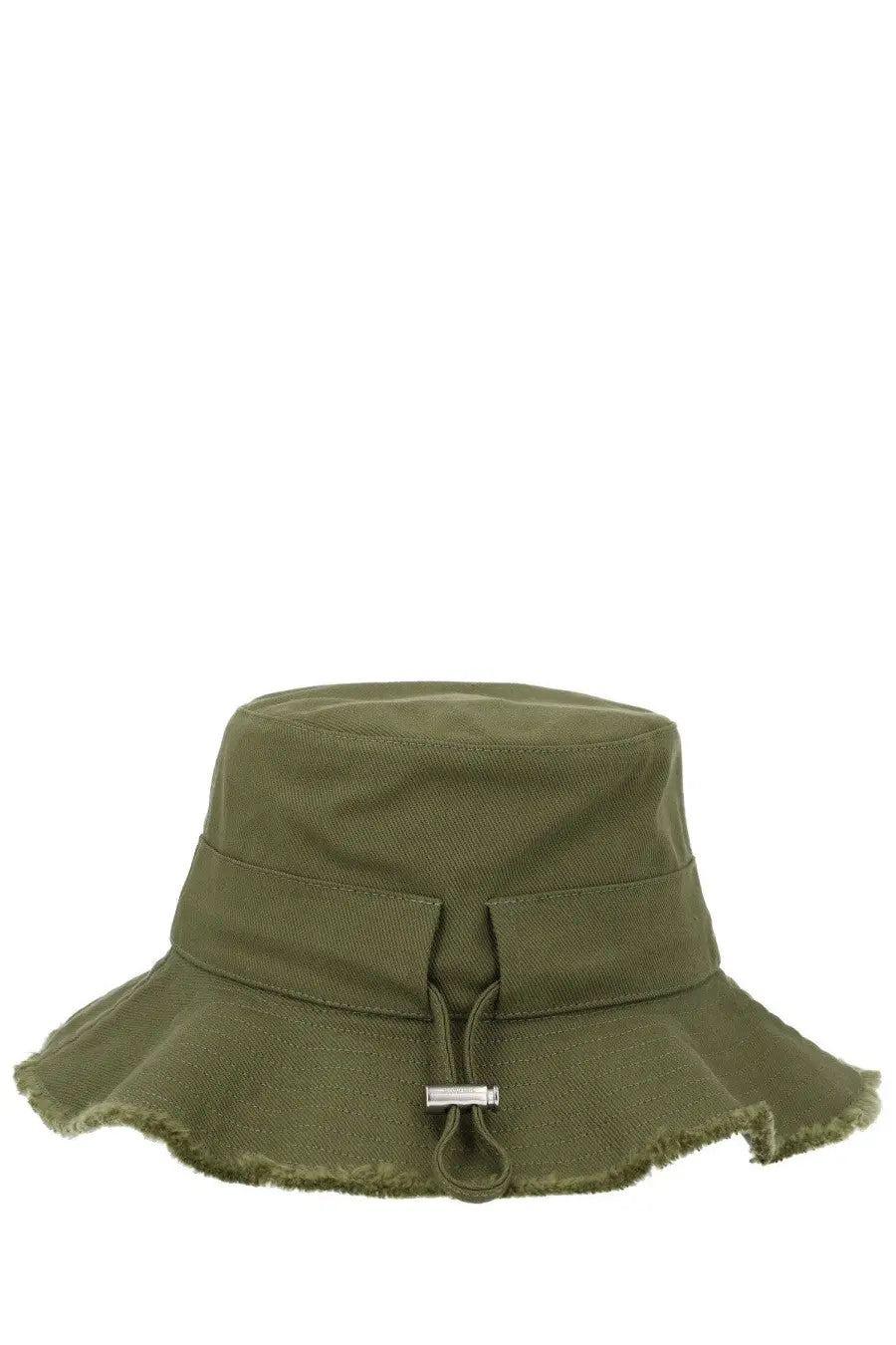 Jacquemus women’s artichaut olive green canvas bucket hat with frayed brim and silver metal toggle closure
