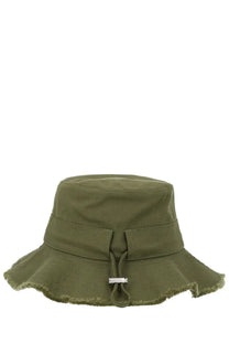 Jacquemus women’s artichaut olive green canvas bucket hat with frayed brim and silver metal toggle closure