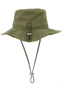 Jacquemus women’s artichaut olive green canvas bucket hat with frayed brim and adjustable chin strap