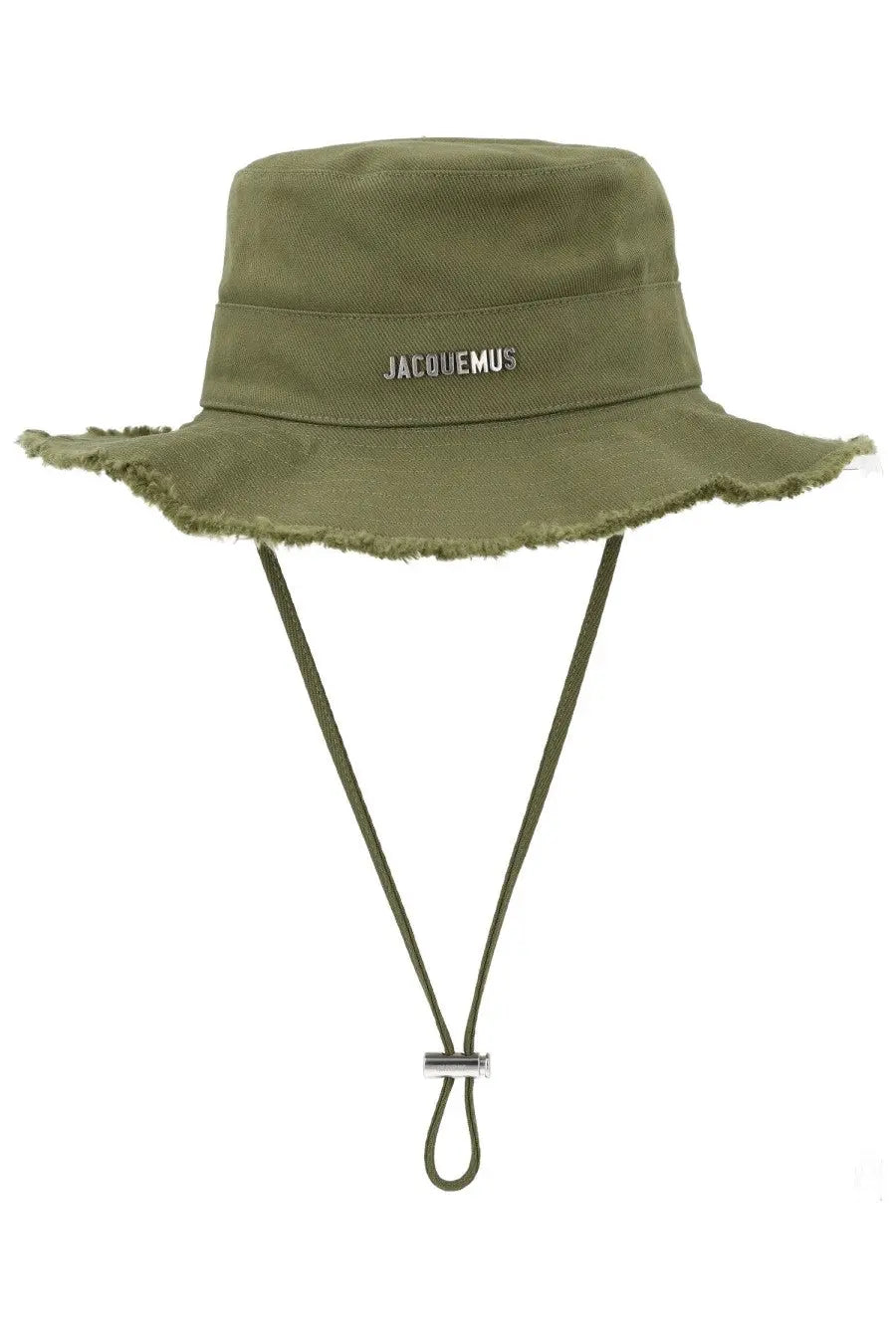 Jacquemus women’s artichaut olive green canvas bucket hat with frayed brim and silver jacquemus logo band