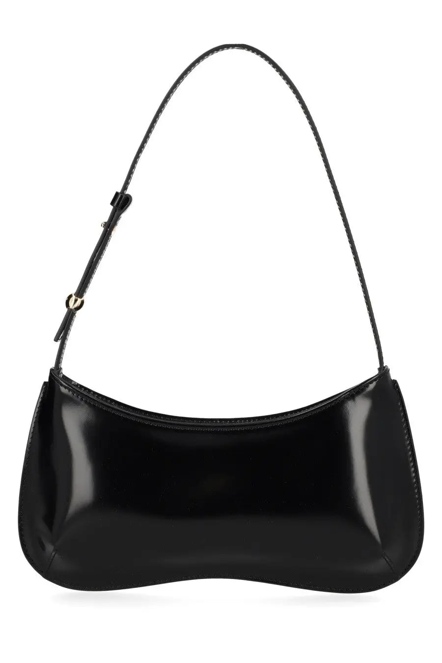 Jacquemus women’s bisou black shoulder bag in glossy patent leather with a sleek curved design and slender strap