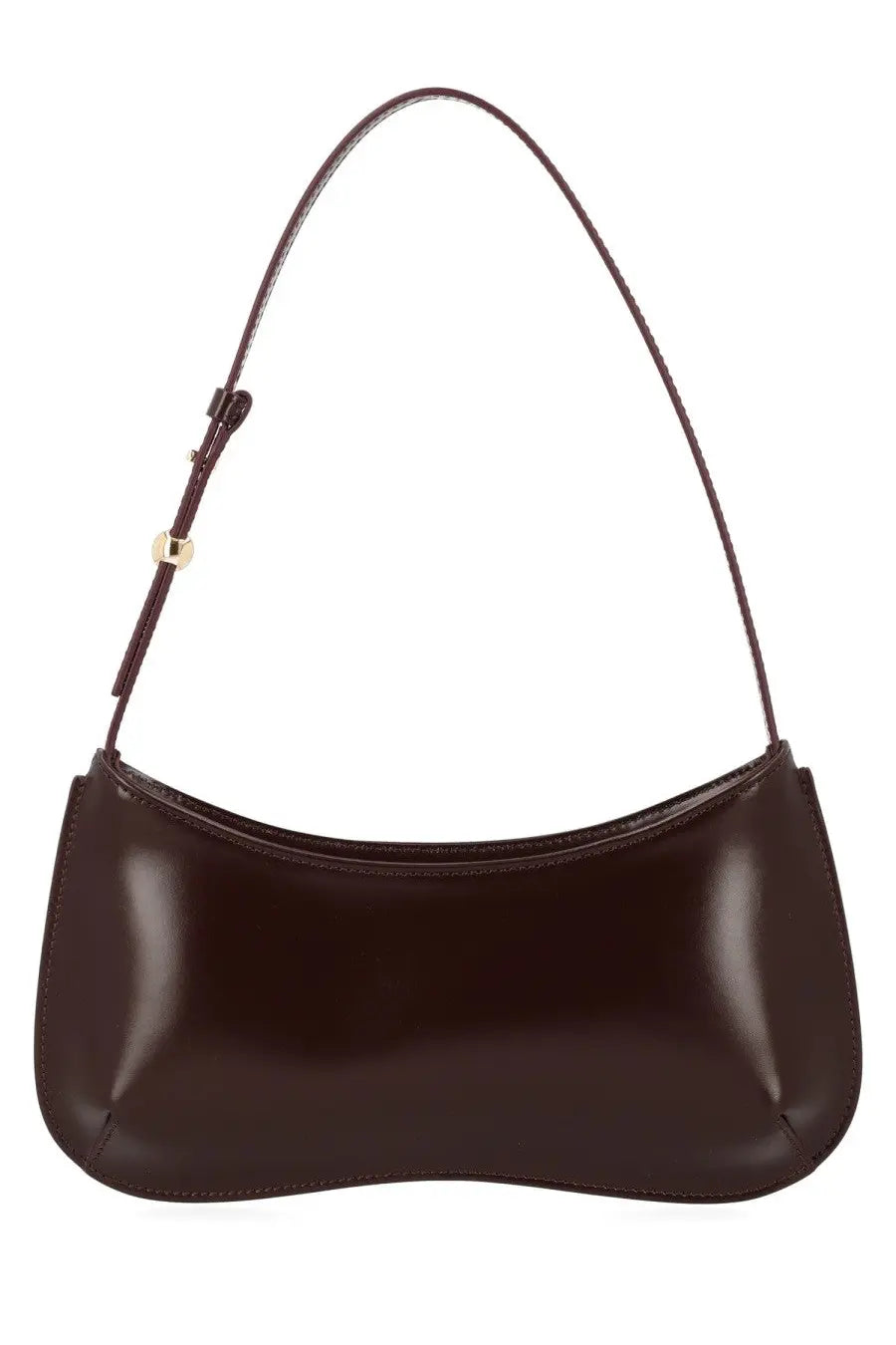 A sleek glossy dark brown leather shoulder bag with curved silhouette and gold-tone hardware jacquemus bisou red