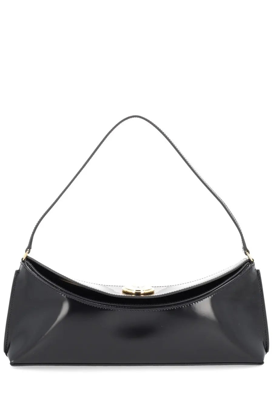 Jacquemus women’s bag ovalo black is a black patent leather handbag with a sleek curved design and gold-tone hardware