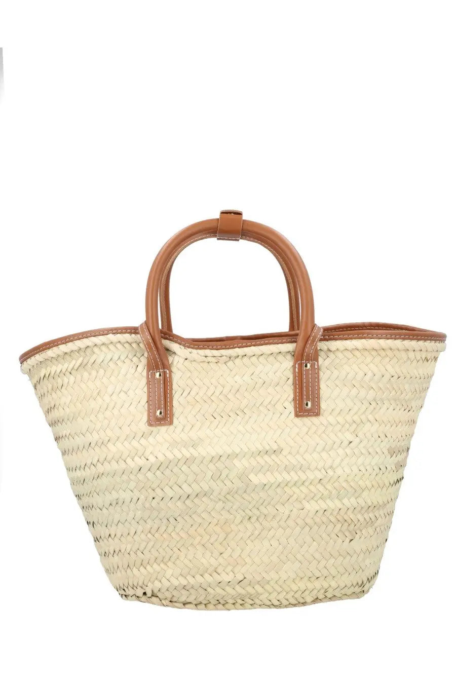 Jacquemus women’s beige woven straw tote bag with tan leather handles and trim perfect for casual use