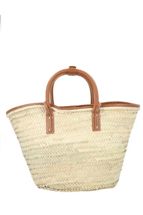 Jacquemus women’s beige woven straw tote bag with tan leather handles and trim perfect for casual use