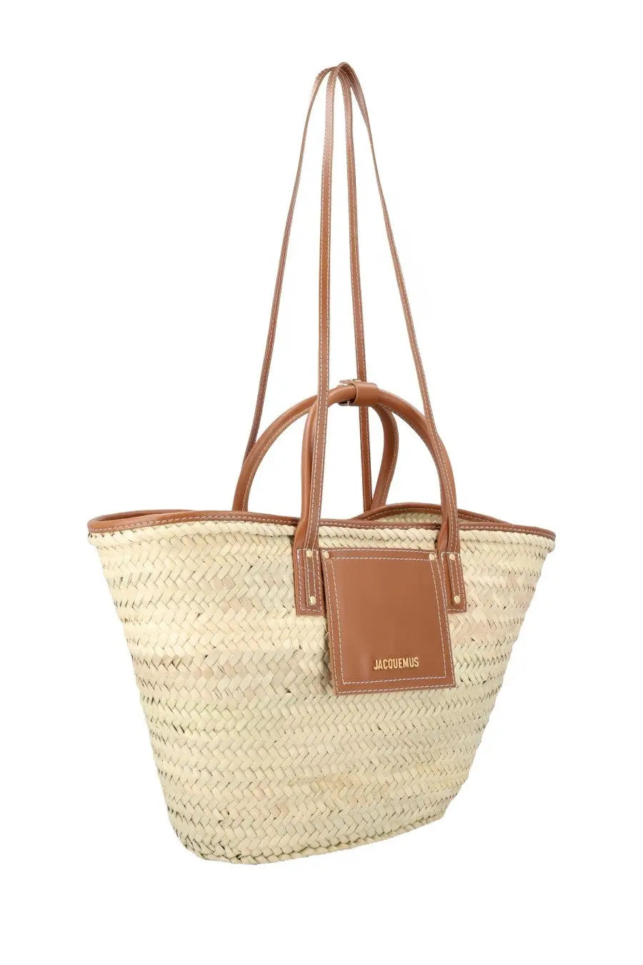 Jacquemus women’s bag soli beige woven straw tote with tan leather handles and matching rectangular brand patch
