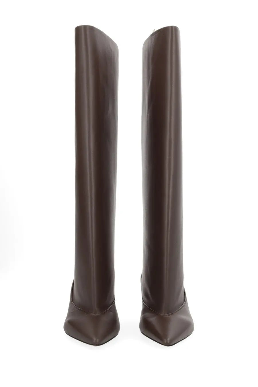 Jacquemus women’s boot tourni brown sleek dark brown leather over the knee boots with pointed toe and high heel