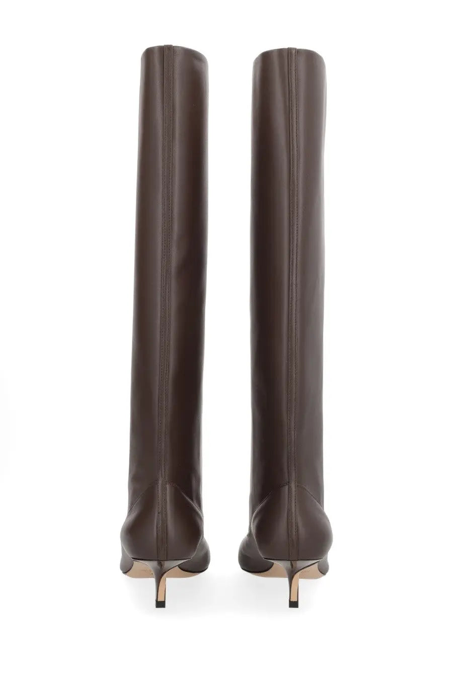 A pair of jacquemus women’s tourni brown over-the-knee boots in dark brown leather with slender stiletto heels