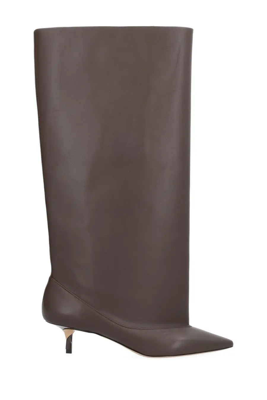 A sleek dark brown leather knee-high boot with pointed toe and slender metallic heel by Jacquemus