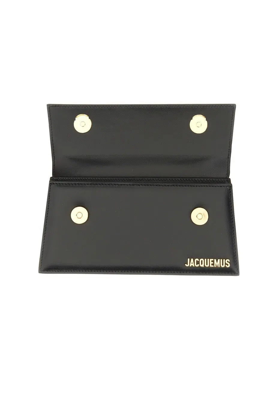 Jacquemus women’s borsa le chiquito long black leather clutch with gold-tone magnetic clasps and embossed brand name
