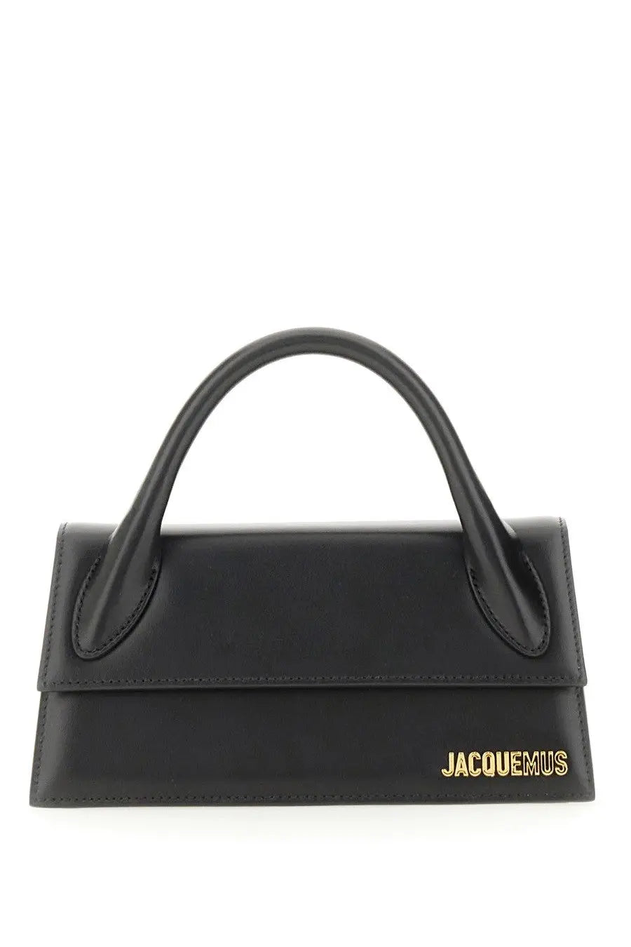 Black leather jacquemus borsa le chiquito long handbag with gold-tone branding on the front