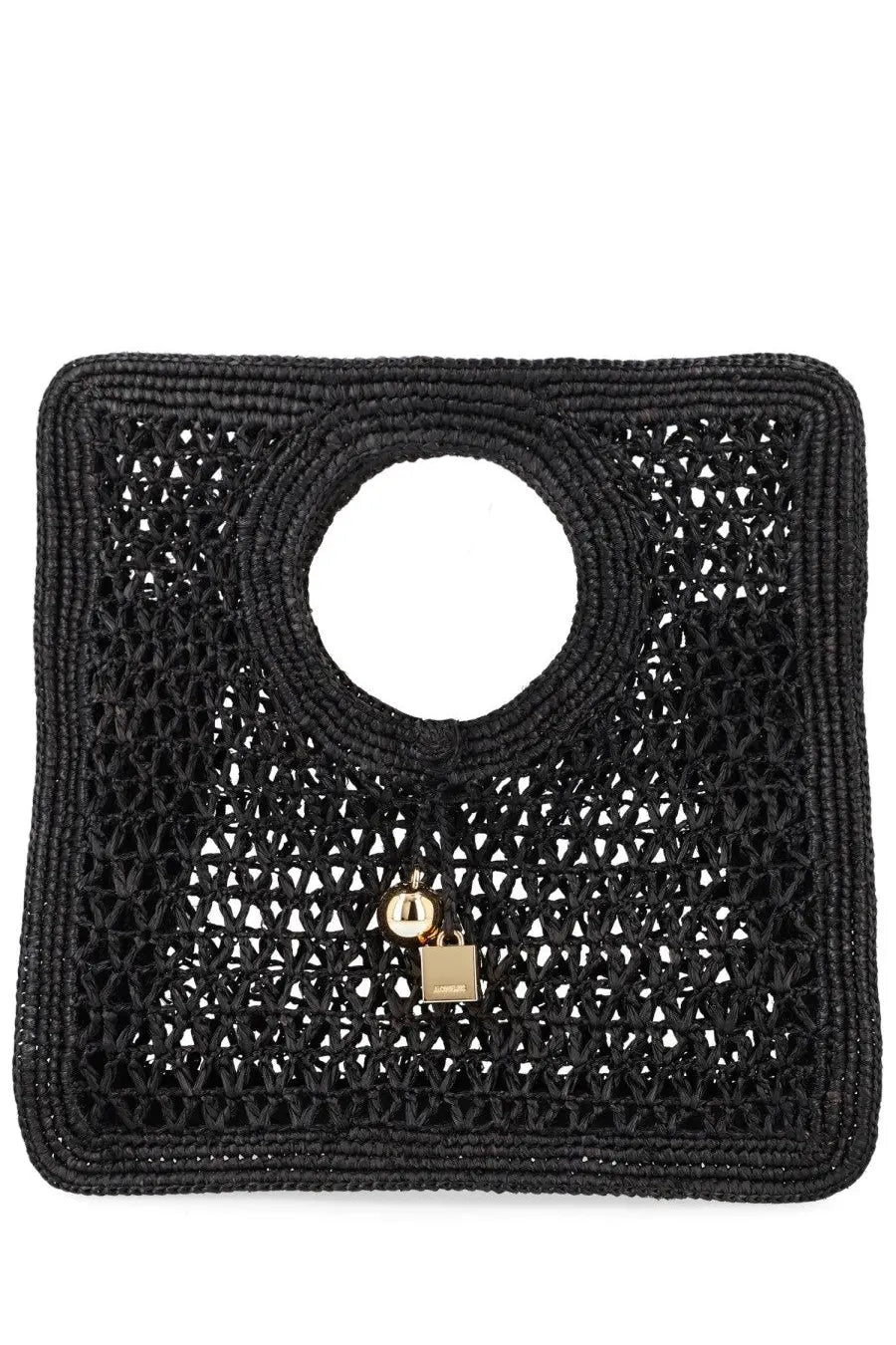 Jacquemus women’s borsa spiaggia small black woven straw tote bag with circular handle and gold-tone lock charm