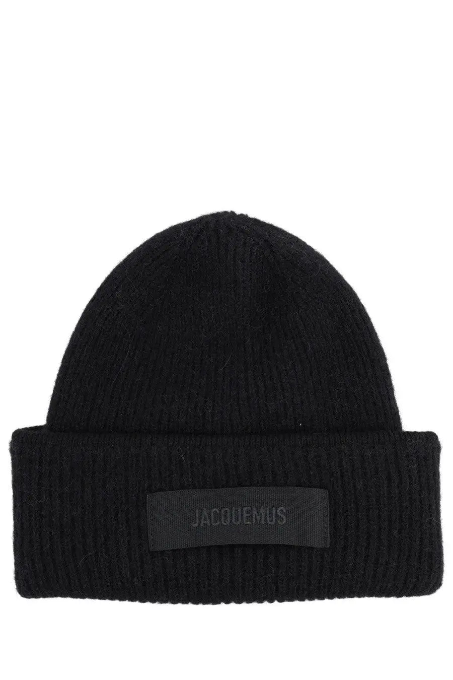 Jacquemus women’s the cap black ribbed knit beanie with folded cuff and dark gray jacquemus label