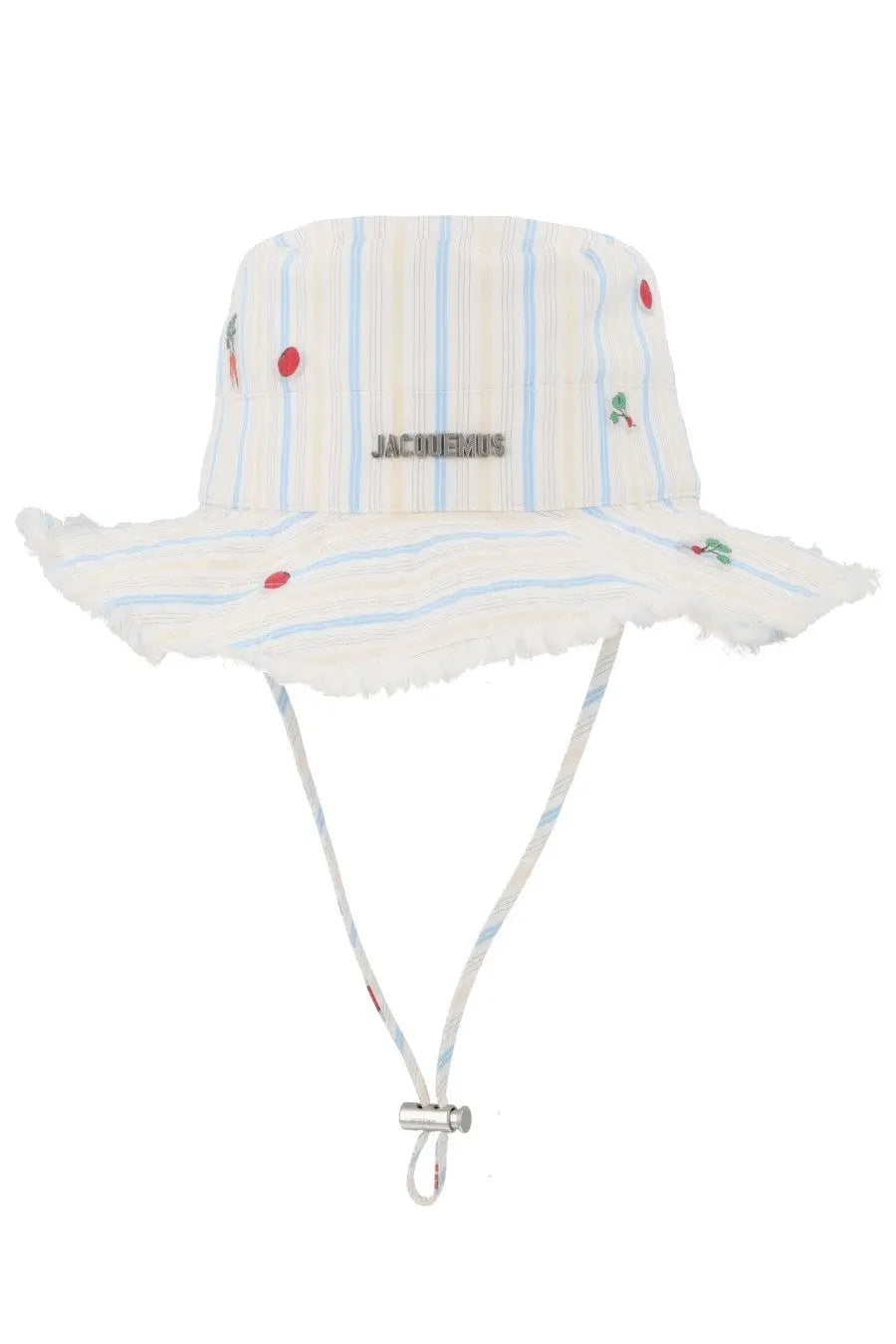 Jacquemus women’s cappello artichaut bucket hat in white and light blue stripes with embroidered red cherries and frayed edges