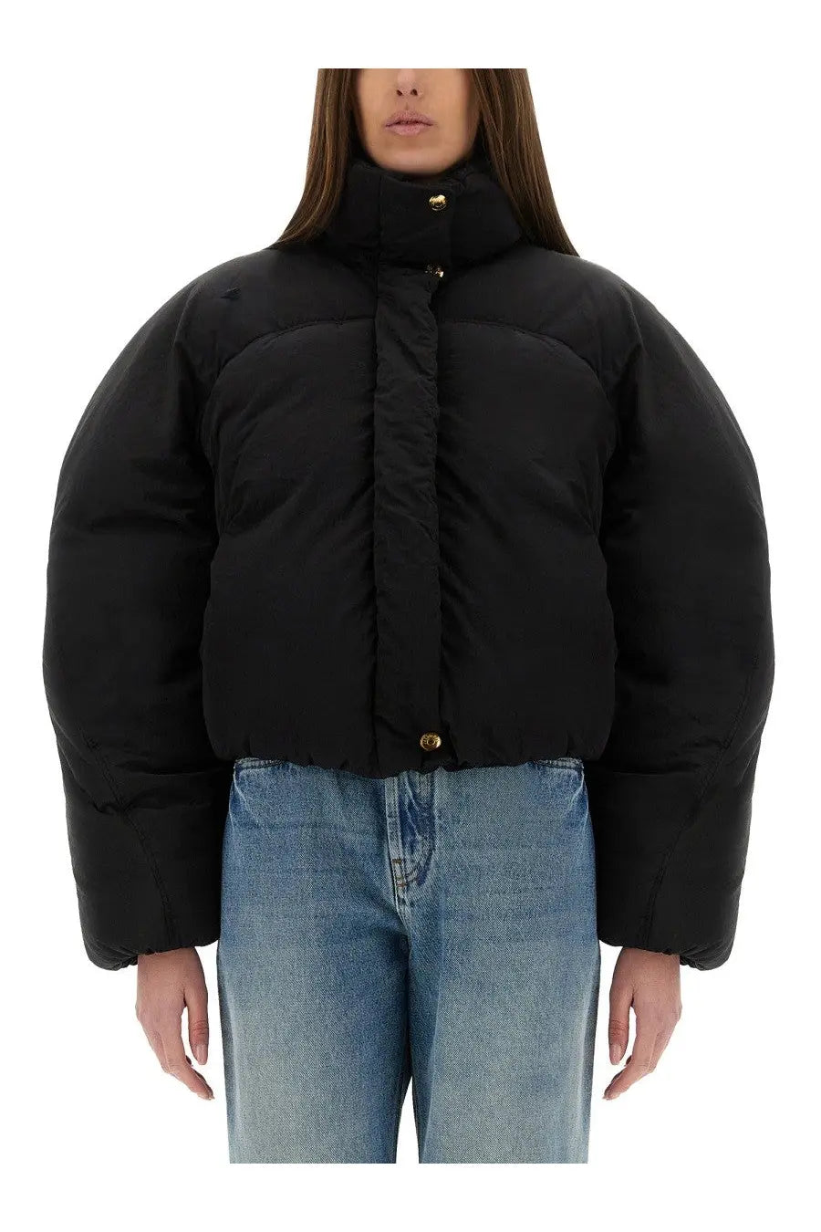 Jacquemus women’s the caraco black puffer short jacket with gold-tone buttons and a high collar