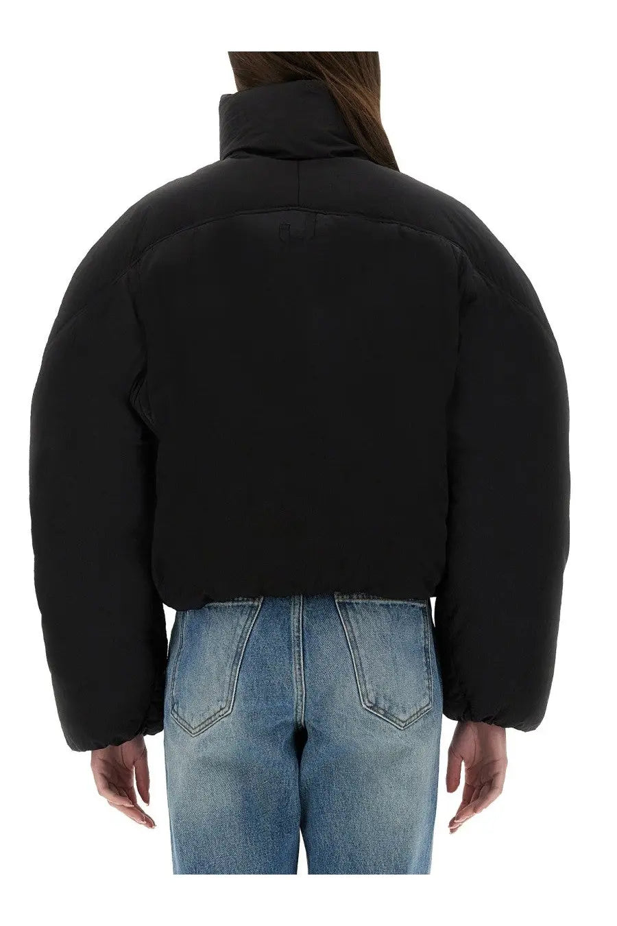 Jacquemus women’s the caraco puffer short jacket in black with high collar and quilted design front view