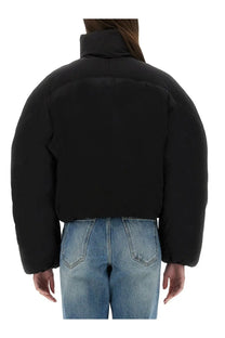 Jacquemus women’s the caraco puffer short jacket in black with high collar and quilted design front view
