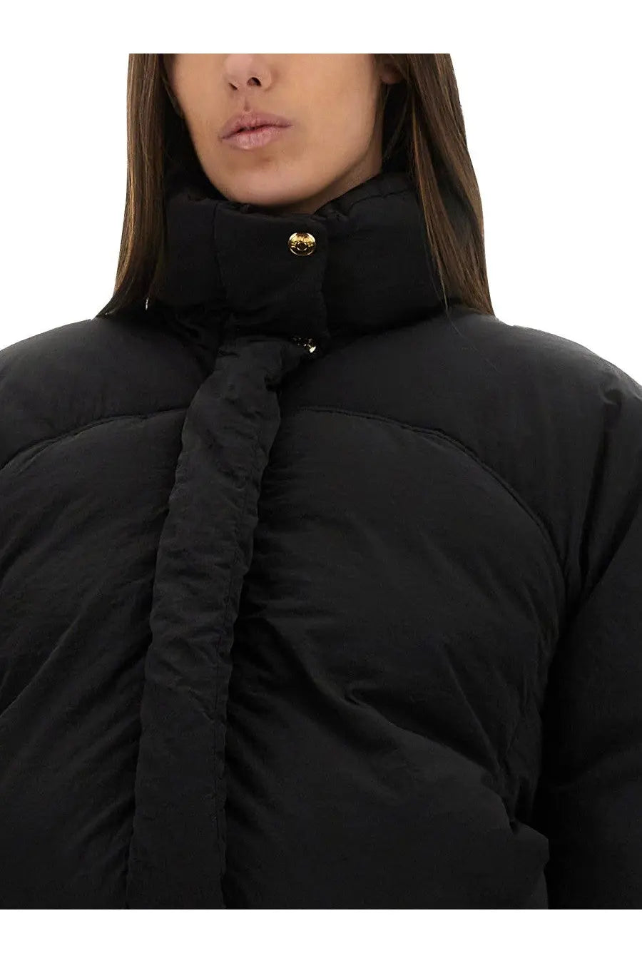 Jacquemus women’s the caraco black puffer short jacket with high collar and gold-tone button detail