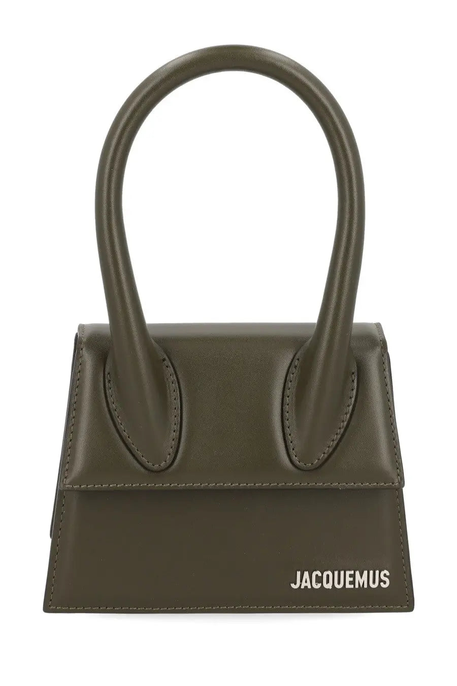 Olive green leather mini handbag with rounded top handles and white jacquemus branding for women