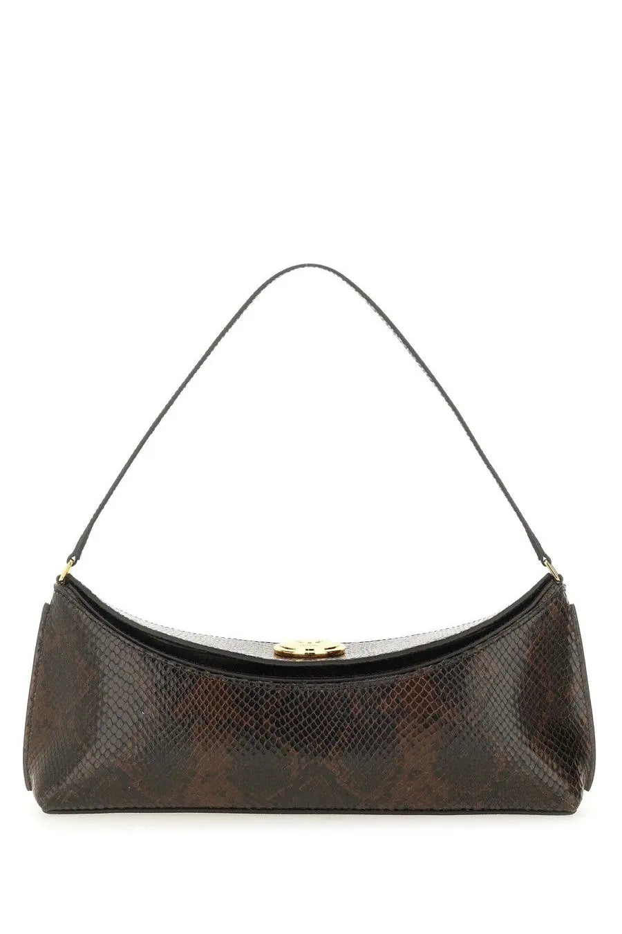 Jacquemus women’s clutch bag Ovalo brown dark brown snake-print leather with gold-tone clasp and slender shoulder strap