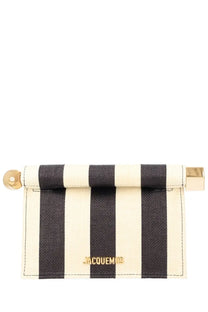 Jacquemus women’s clutch bag rond carré small beige with black and cream striped jacquemus card holder textured fabric and gold hardware